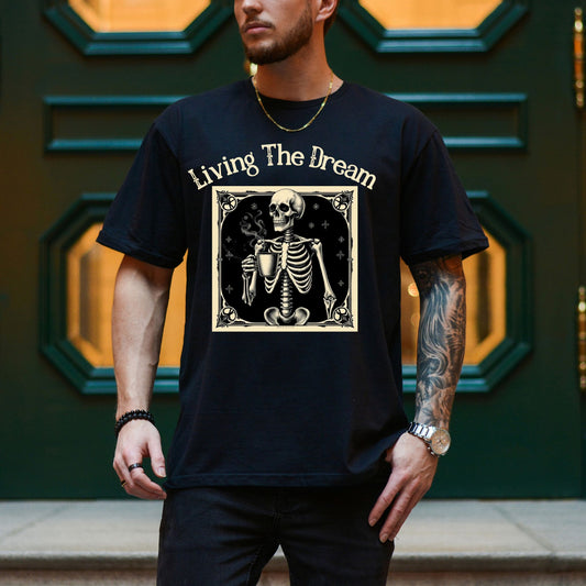 Skeleton Coffee Lover T-Shirt Vintage Goth Style, “Death Before Decaf”