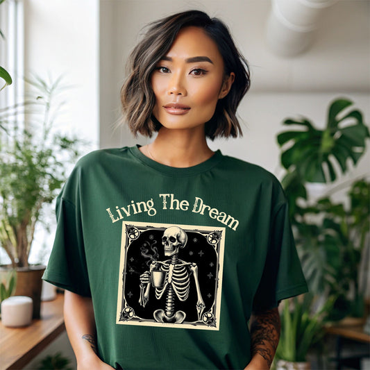 Skeleton Coffee Lover T-Shirt Vintage Goth Style, “Death Before Decaf”