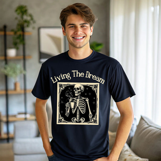 Skeleton Coffee Lover T-Shirt Vintage Goth Style, “Living The Dream”