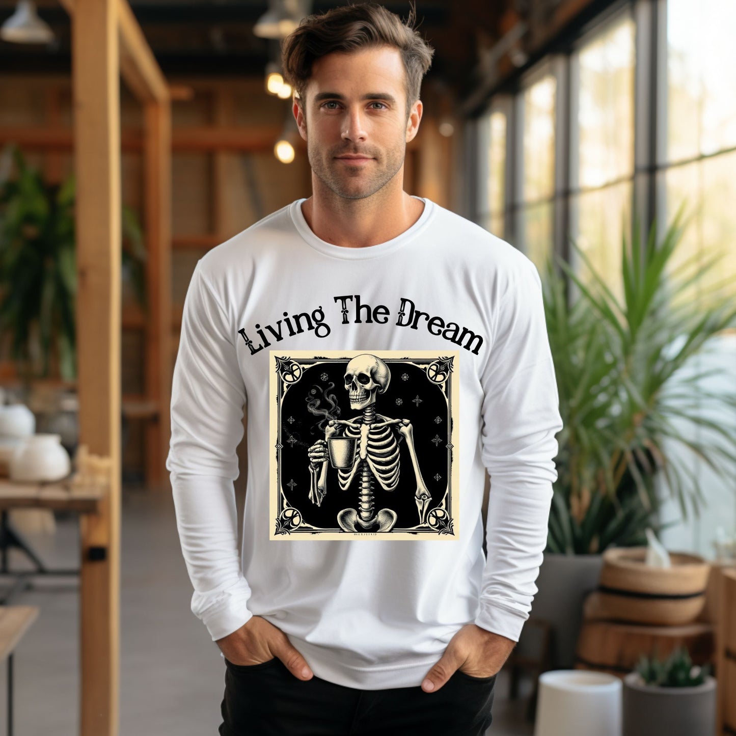 Skeleton Coffee Lover T-Shirt Vintage Goth Style, “Death Before Decaf” Long Sleeve Tee