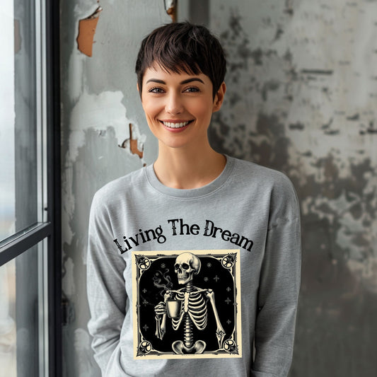 Skeleton Coffee Lover T-Shirt Vintage Goth Style, “Living The Dream” Long Sleeve Tee