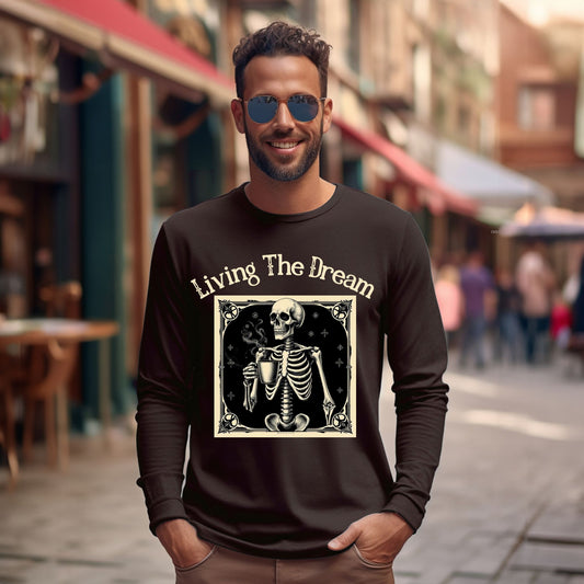 Skeleton Coffee Lover T-Shirt Vintage Goth Style, “Living The Dream” Long Sleeve Tee