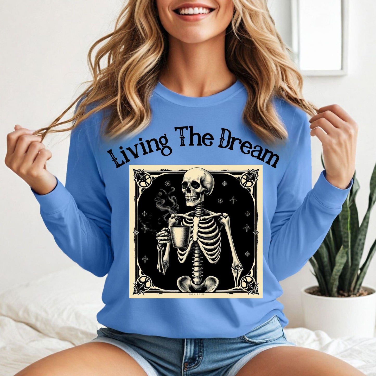 Skeleton Coffee Lover T-Shirt Vintage Goth Style, “Death Before Decaf” Long Sleeve Tee