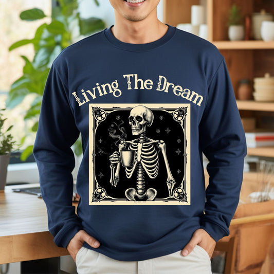 Skeleton Coffee Lover T-Shirt Vintage Goth Style, “Death Before Decaf” Long Sleeve Tee