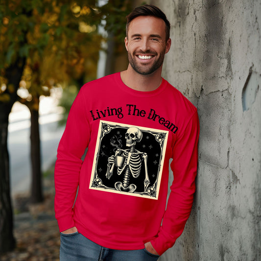 Skeleton Coffee Lover T-Shirt Vintage Goth Style, “Death Before Decaf” Long Sleeve Tee