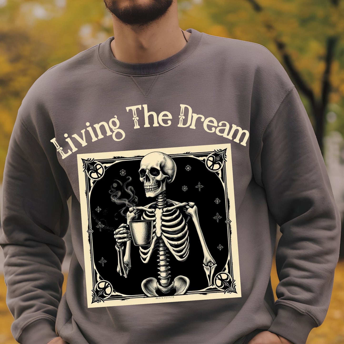 Skeleton Coffee Lover Sweatshirt Vintage Goth Style, “Death Before Decaf” Shirt