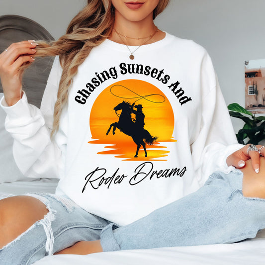 Chasing Sunsets and Rodeo Dreams T-Shirt,  Western Apparel, Country Music Shirt, Cowboy Gift, Summer Outfit Long Sleeve Tee