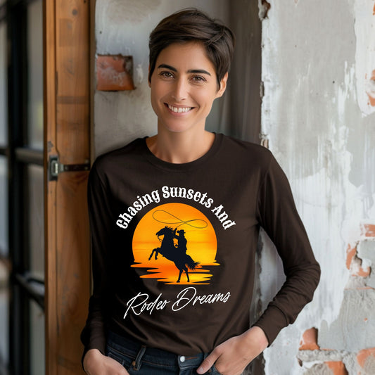 Chasing Sunsets and Rodeo Dreams T-Shirt,  Western Apparel, Country Music Shirt, Cowboy Gift, Summer Outfit Long Sleeve Tee