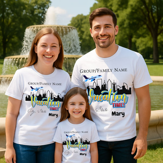 Personalized Vacation T-Shirt, Family Trip Shirt, Travel T-Shirt, Custom Group Vacation Tee, Summer Vacation Souvenir City Trip Custom “Vacation Time!” Family Trip T-Shirt, Personalized Group Name, City & State Travel Tee