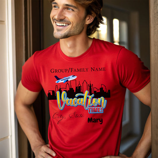 Personalized Vacation T-Shirt, Family Trip Shirt, Travel T-Shirt, Custom Group Vacation Tee, Summer Vacation Souvenir City Trip Custom “Vacation Time!” Family Trip T-Shirt, Personalized Group Name, City & State Travel Tee