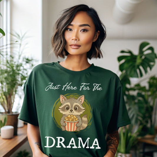 "Just Here for the Drama" Funny Raccoon T-Shirt – Cute Popcorn Animal Graphic Tee