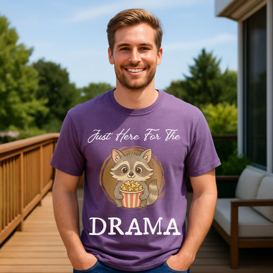 "Just Here for the Drama" Funny Raccoon T-Shirt – Cute Popcorn Animal Graphic Tee