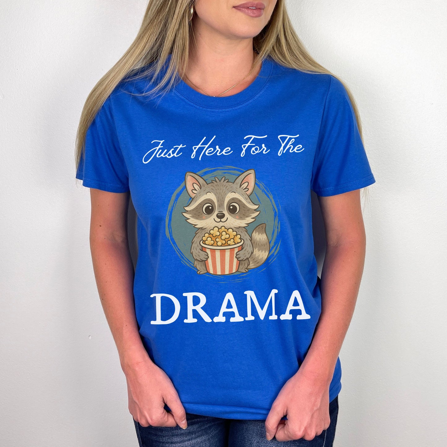 "Just Here for the Drama" Funny Raccoon T-Shirt – Cute Popcorn Animal Graphic Tee