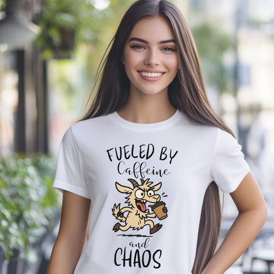 Fueled by Caffeine and Chaos Goat T-Shirt – Funny Coffee Farm Animal Tee for Goat Lovers