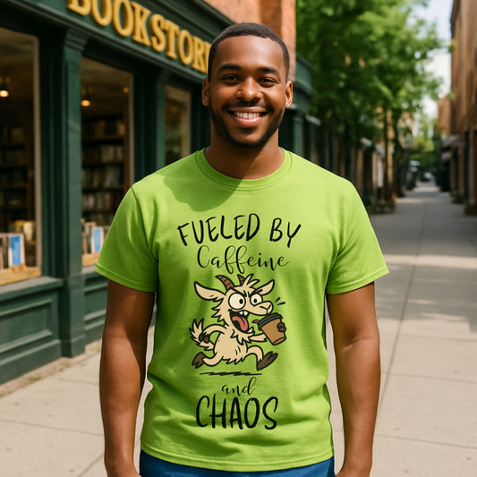 Fueled by Caffeine and Chaos Goat T-Shirt – Funny Coffee Farm Animal Tee for Goat Lovers