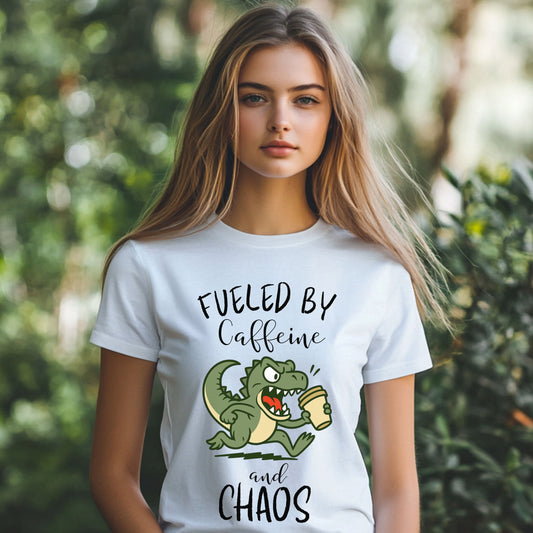 Fueled by Caffeine and Chaos Dinosaur T-Shirt – Funny Coffee T-Rex Tee for Caffeine Addicts