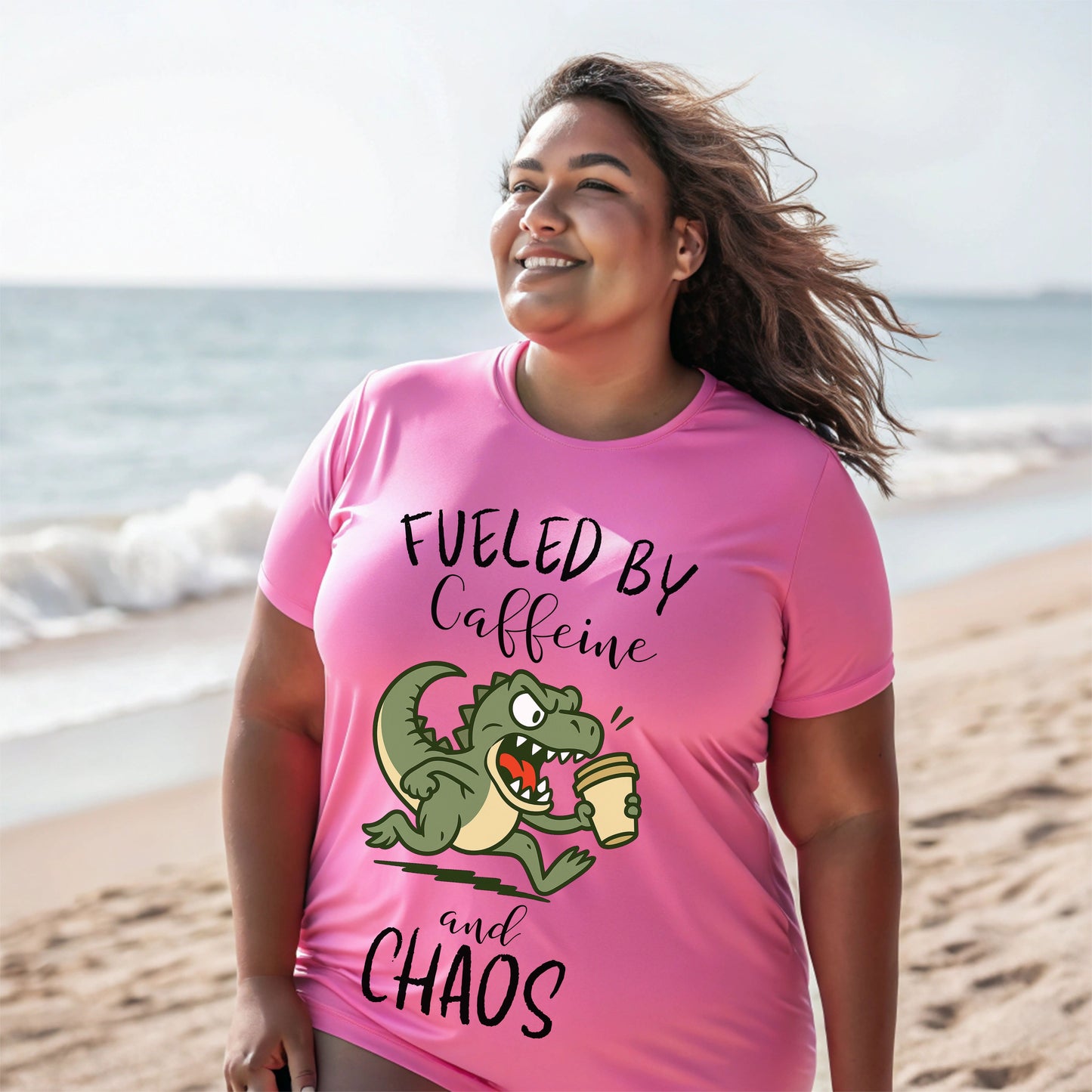 Fueled by Caffeine and Chaos Dinosaur T-Shirt – Funny Coffee T-Rex Tee for Caffeine Addicts