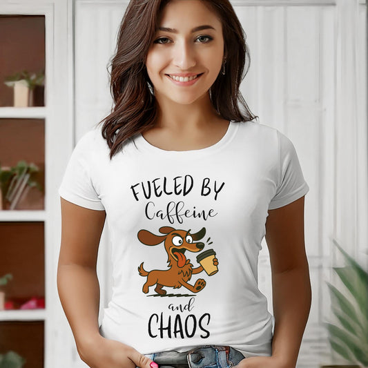 Fueled by Caffeine and Chaos Dachshund T-Shirt – Funny Coffee Dog Tee for Pet Lovers