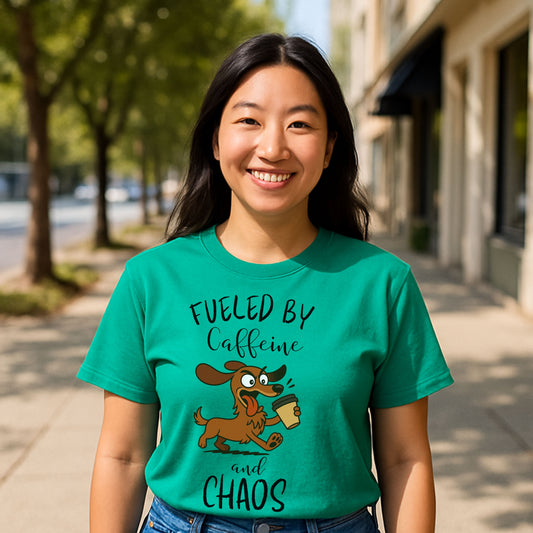 Fueled by Caffeine and Chaos Dachshund T-Shirt – Funny Coffee Dog Tee for Pet Lovers