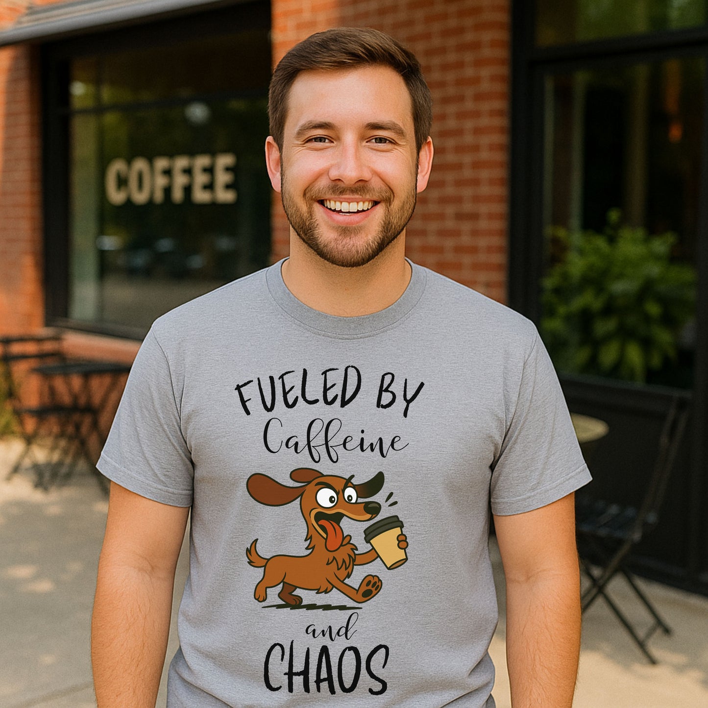 Fueled by Caffeine and Chaos Dachshund T-Shirt – Funny Coffee Dog Tee for Pet Lovers