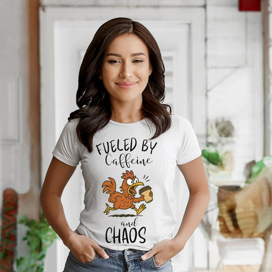 Fueled by Caffeine and Chaos Chicken T-Shirt – Funny Coffee Hen Tee for Animal Lovers