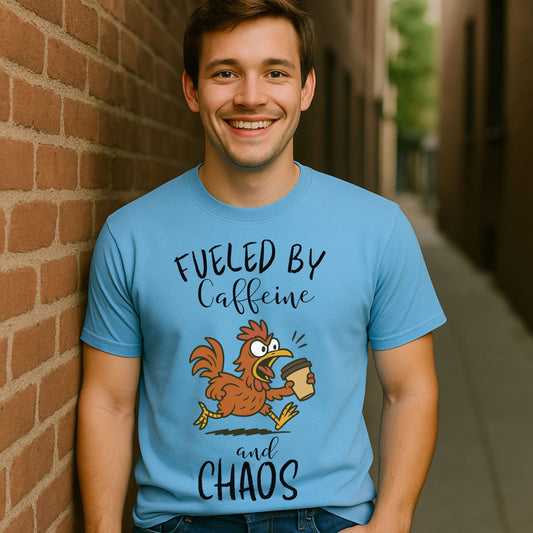 Fueled by Caffeine and Chaos Chicken T-Shirt – Funny Coffee Hen Tee for Animal Lovers