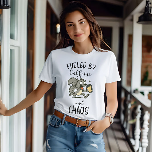 Fueled by Caffeine and Chaos Squirrel T-Shirt – Funny Coffee Animal Tee
