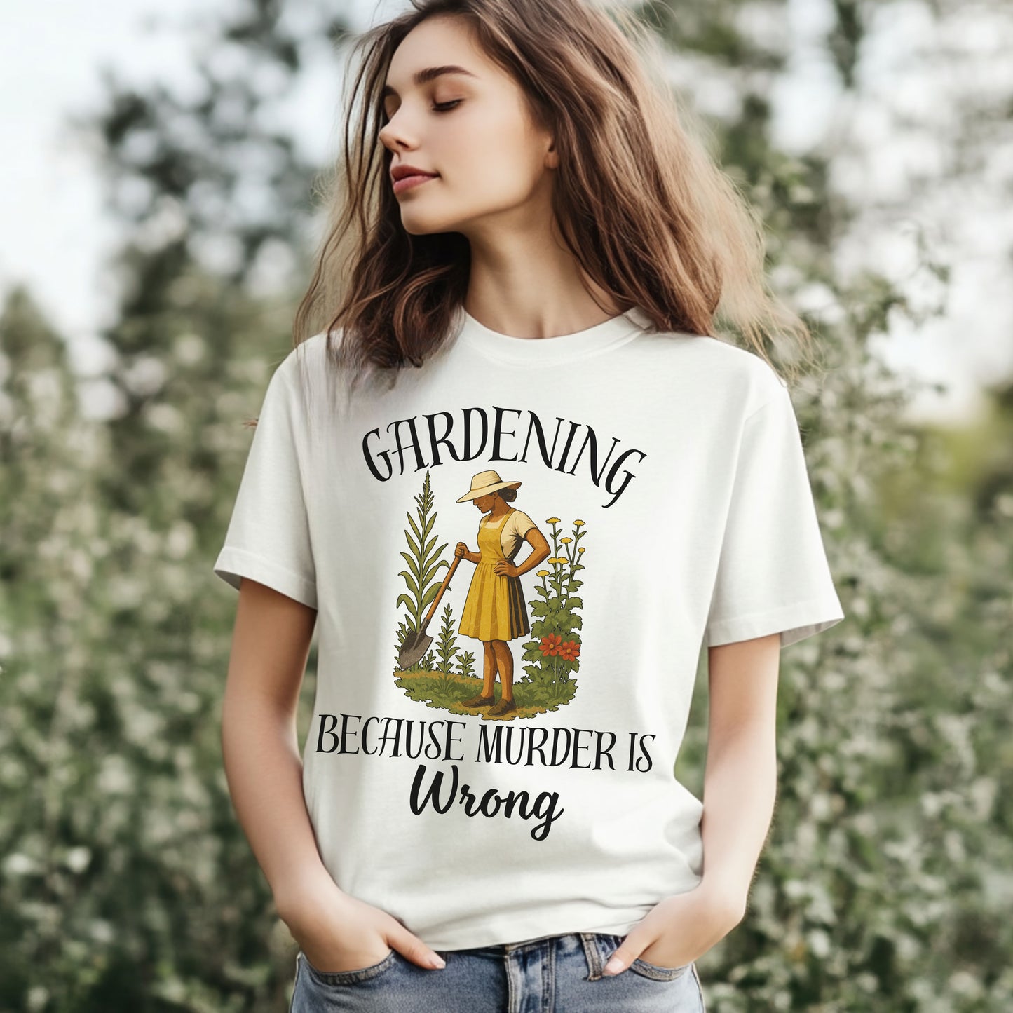 Funny Gardening T-Shirt – "Gardening Because Murder Is Wrong" Tee for Women, Dark Humor Garden Shirt, Gift for Plant Lovers
