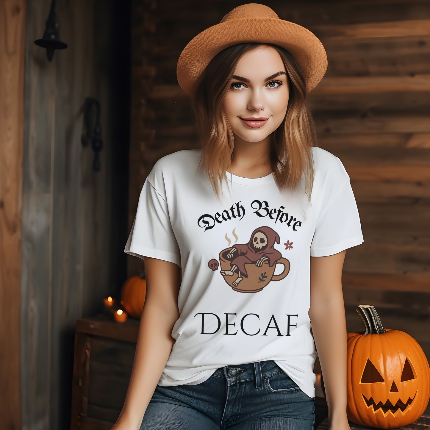 Death Before Decaf T-Shirt – Funny Grim Reaper Coffee Tee for Caffeine Lovers
