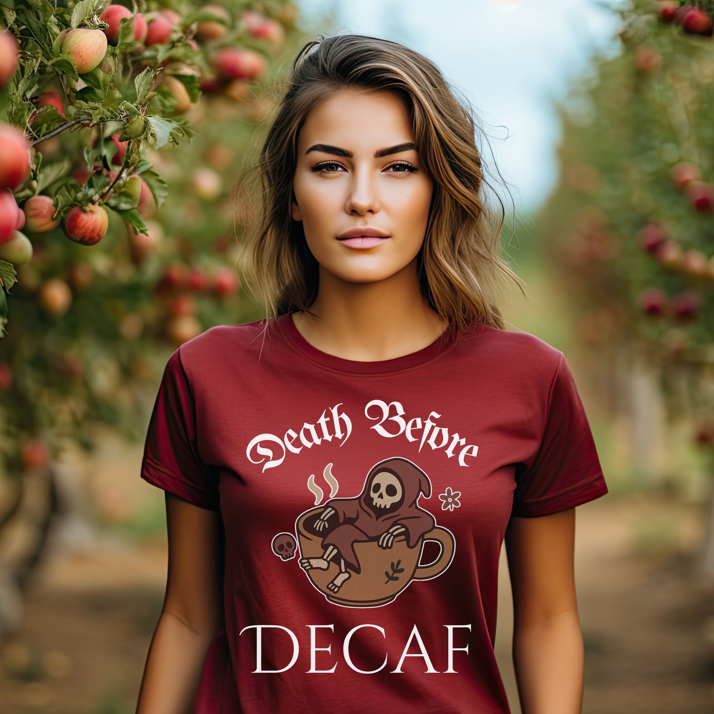 Death Before Decaf T-Shirt – Funny Grim Reaper Coffee Tee for Caffeine Lovers