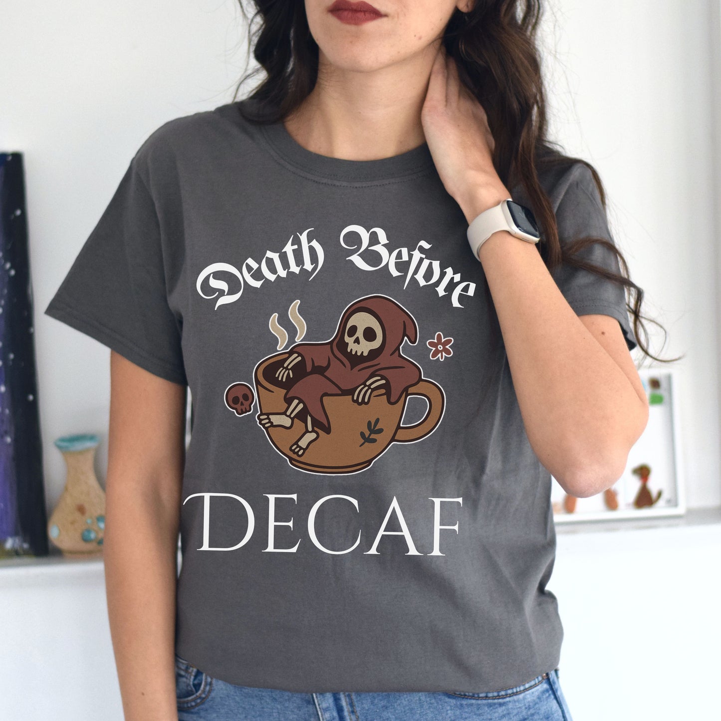 Death Before Decaf T-Shirt – Funny Grim Reaper Coffee Tee for Caffeine Lovers