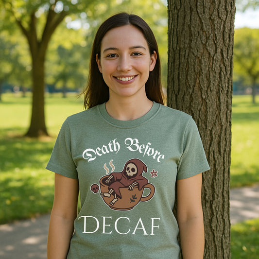 Death Before Decaf T-Shirt – Funny Grim Reaper Coffee Tee for Caffeine Lovers