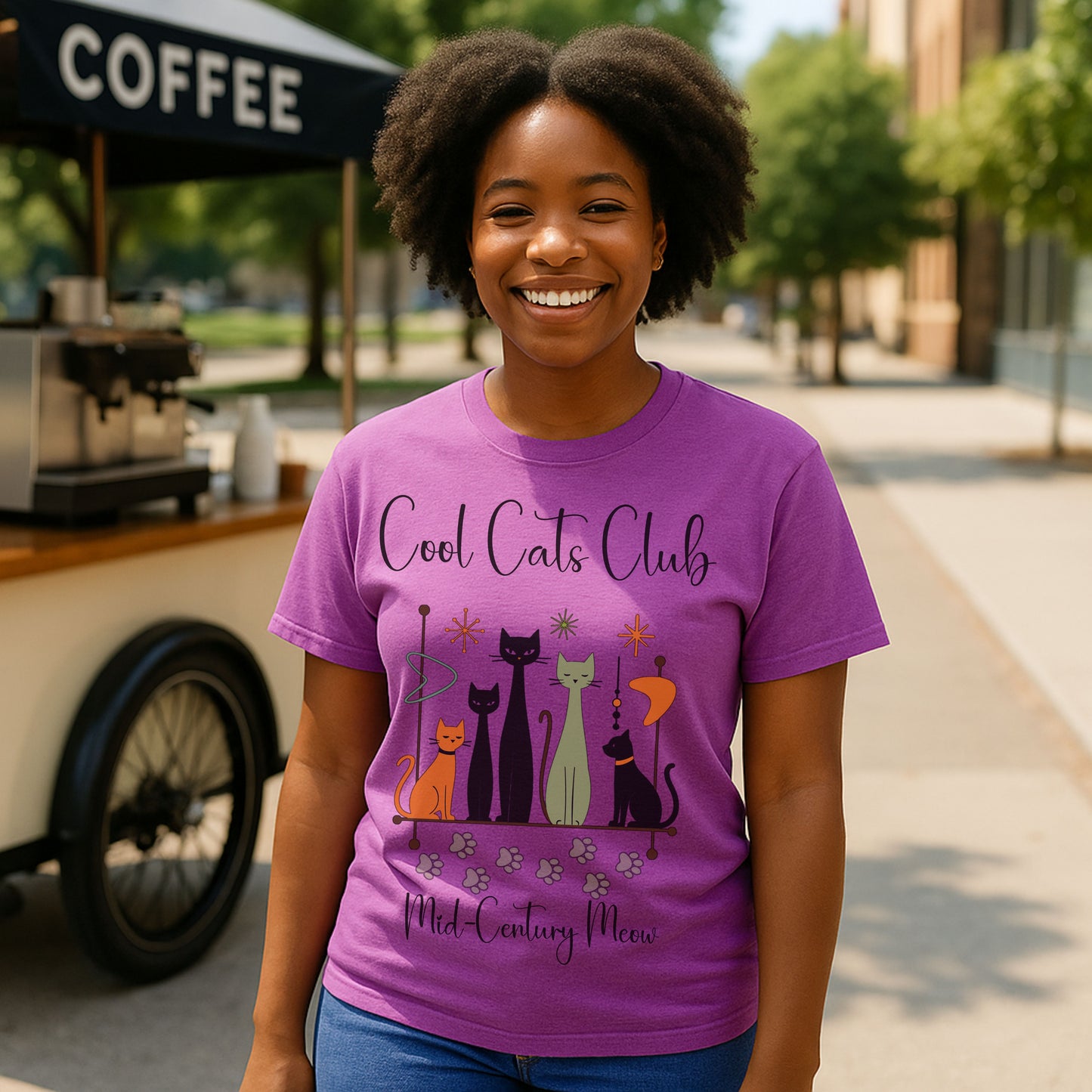 Cool Cats Club T-Shirt – Mid-Century Modern Cat Lover Tee, Retro Atomic Style Shirt for Vintage Aesthetic Fans