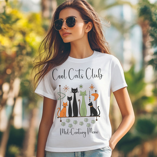 Cool Cats Club T-Shirt – Mid-Century Modern Cat Lover Tee, Retro Atomic Style Shirt for Vintage Aesthetic Fans