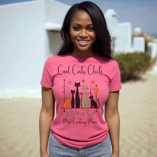 Cool Cats Club T-Shirt – Mid-Century Modern Cat Lover Tee, Retro Atomic Style Shirt for Vintage Aesthetic Fans