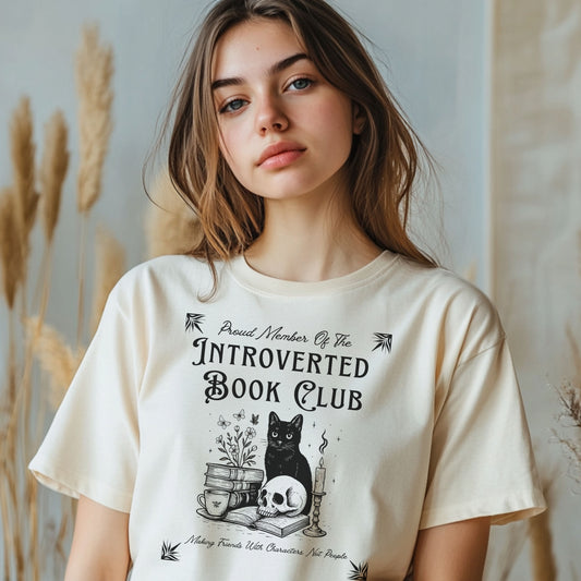 Introverted Book Club T-Shirt – Black Cat Reading Shirt, Funny Bookish Gift for Introverts & Cat Lovers