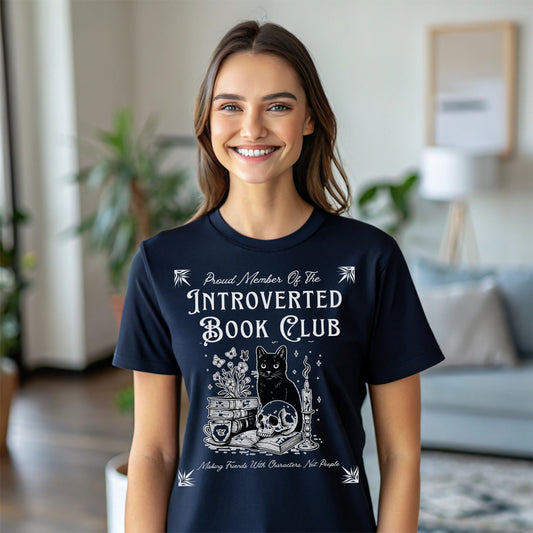 Introverted Book Club T-Shirt – Black Cat Reading Shirt, Funny Bookish Gift for Introverts & Cat Lovers
