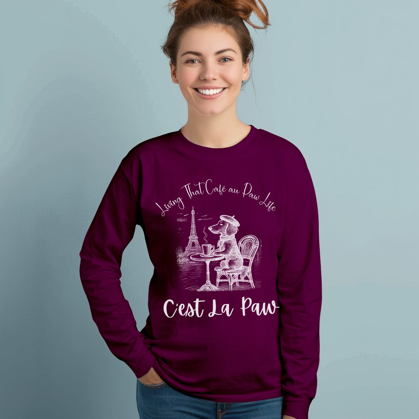 C'est La Paw – Paris Dog Long Sleeve T-Shirt, Cute French Café Pup Tee & Gift for Animal Lovers