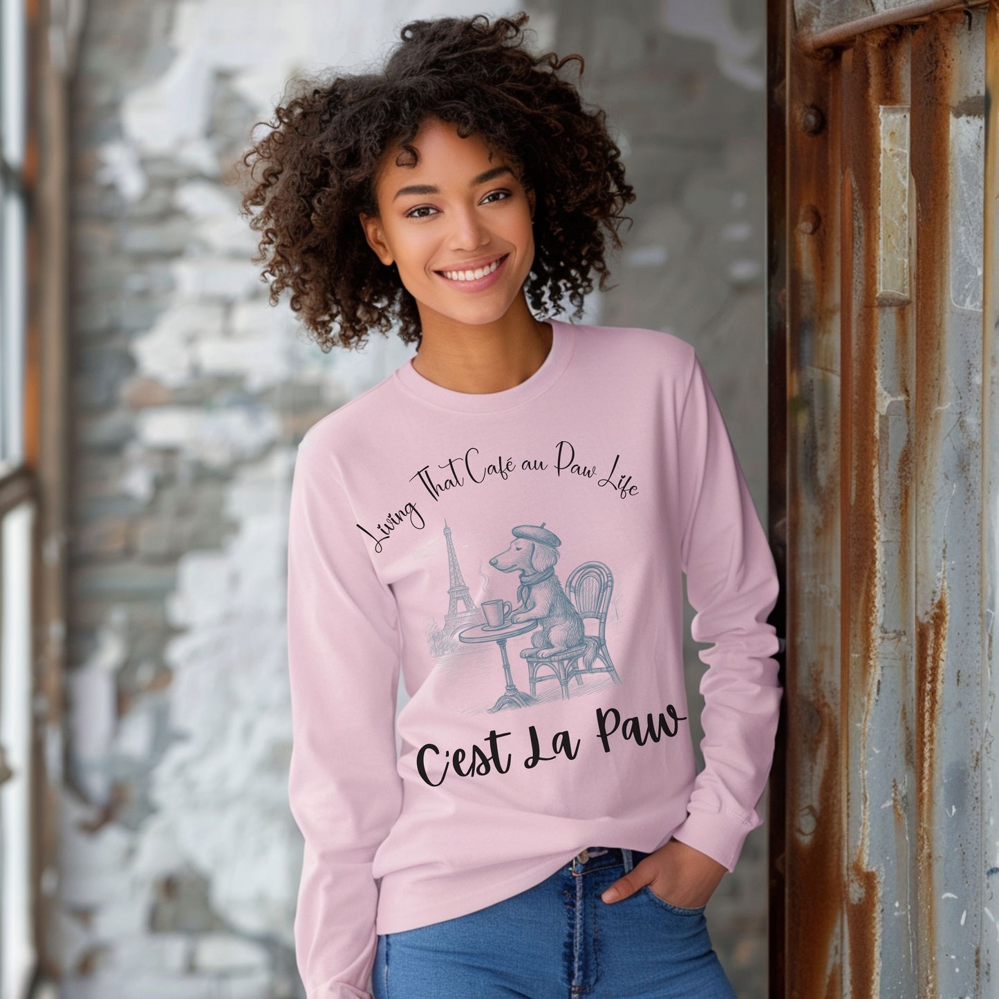 C'est La Paw – Paris Dog Long Sleeve T-Shirt, Cute French Café Pup Tee & Gift for Animal Lovers