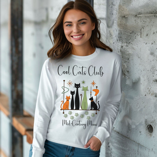 Cool Cats Club Long Sleeve T-Shirt – Mid-Century Modern Cat Lover Tee, Retro Atomic Style Shirt for Vintage Aesthetic Fans