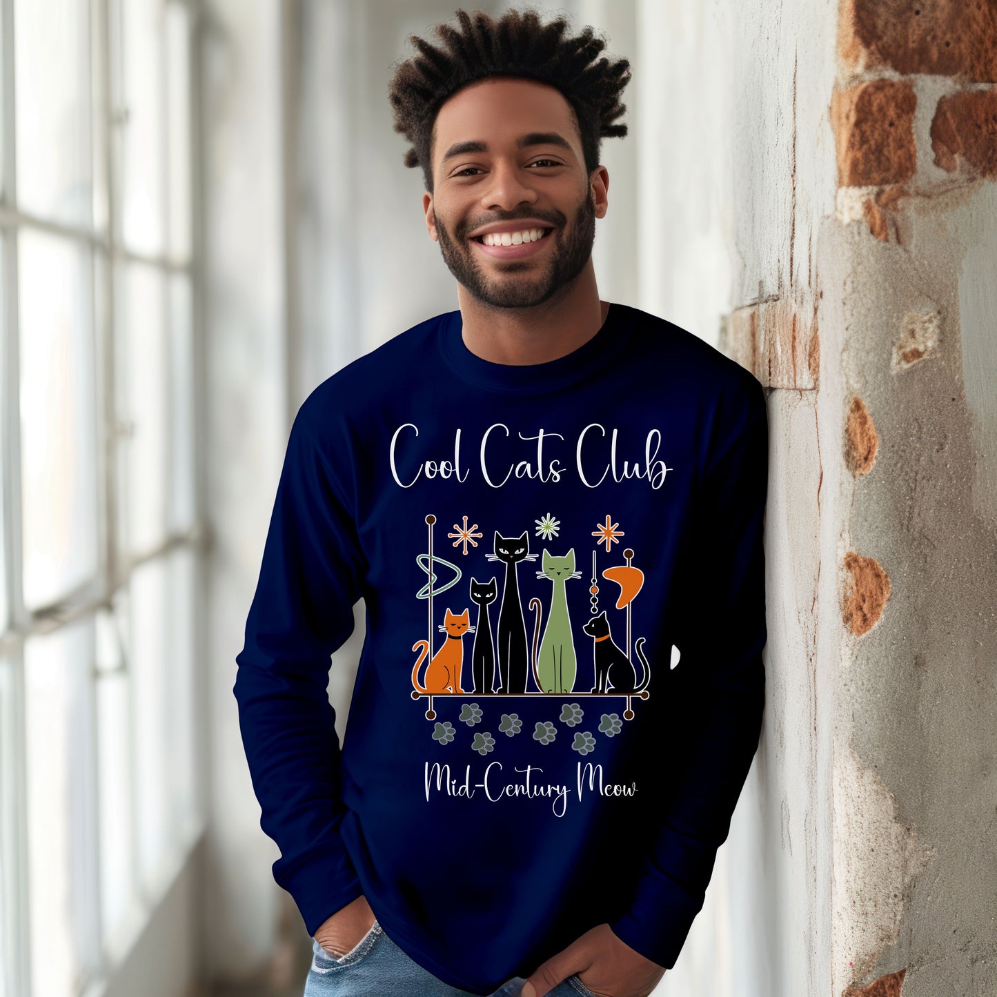 Cool Cats Club Long Sleeve T-Shirt – Mid-Century Modern Cat Lover Tee, Retro Atomic Style Shirt for Vintage Aesthetic Fans