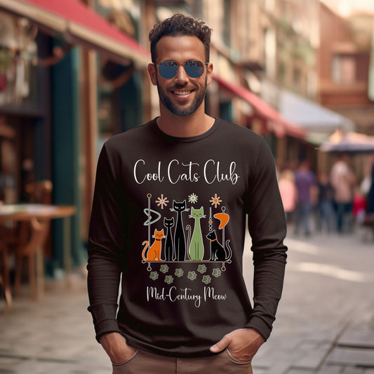Cool Cats Club Long Sleeve T-Shirt – Mid-Century Modern Cat Lover Tee, Retro Atomic Style Shirt for Vintage Aesthetic Fans