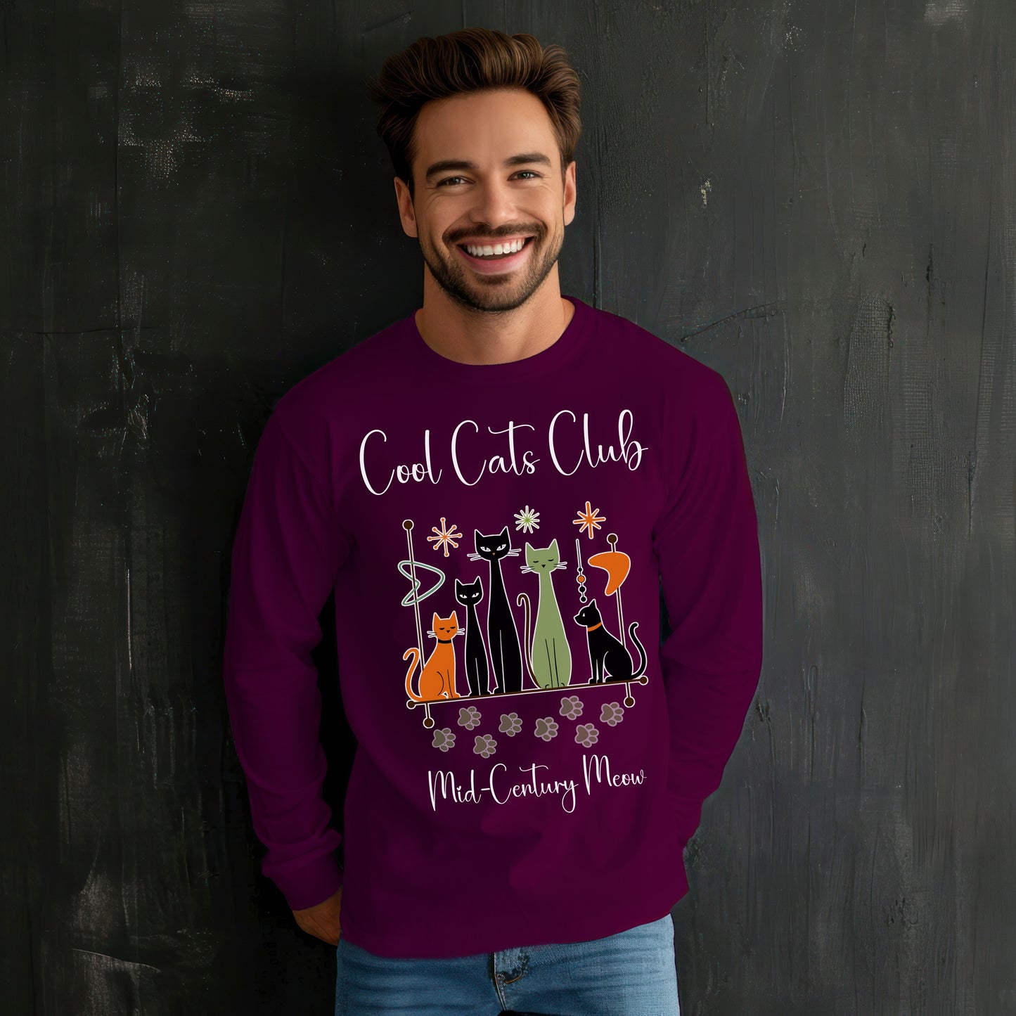Cool Cats Club Long Sleeve T-Shirt – Mid-Century Modern Cat Lover Tee, Retro Atomic Style Shirt for Vintage Aesthetic Fans