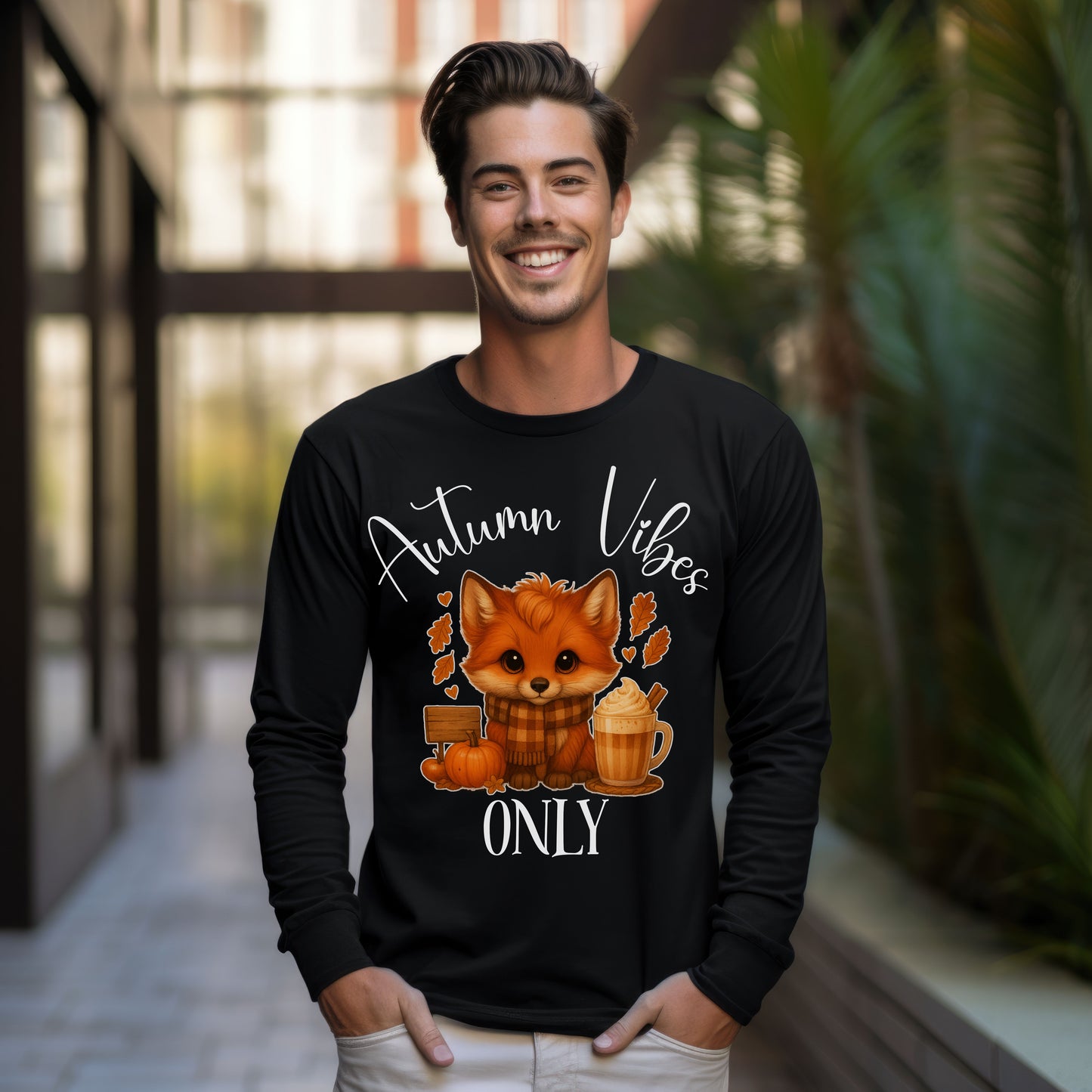 Autumn Vibes Only Long Sleeve T-Shirt – Cute Fox Fall Shirt for Pumpkin Spice & Cozy Season Lovers