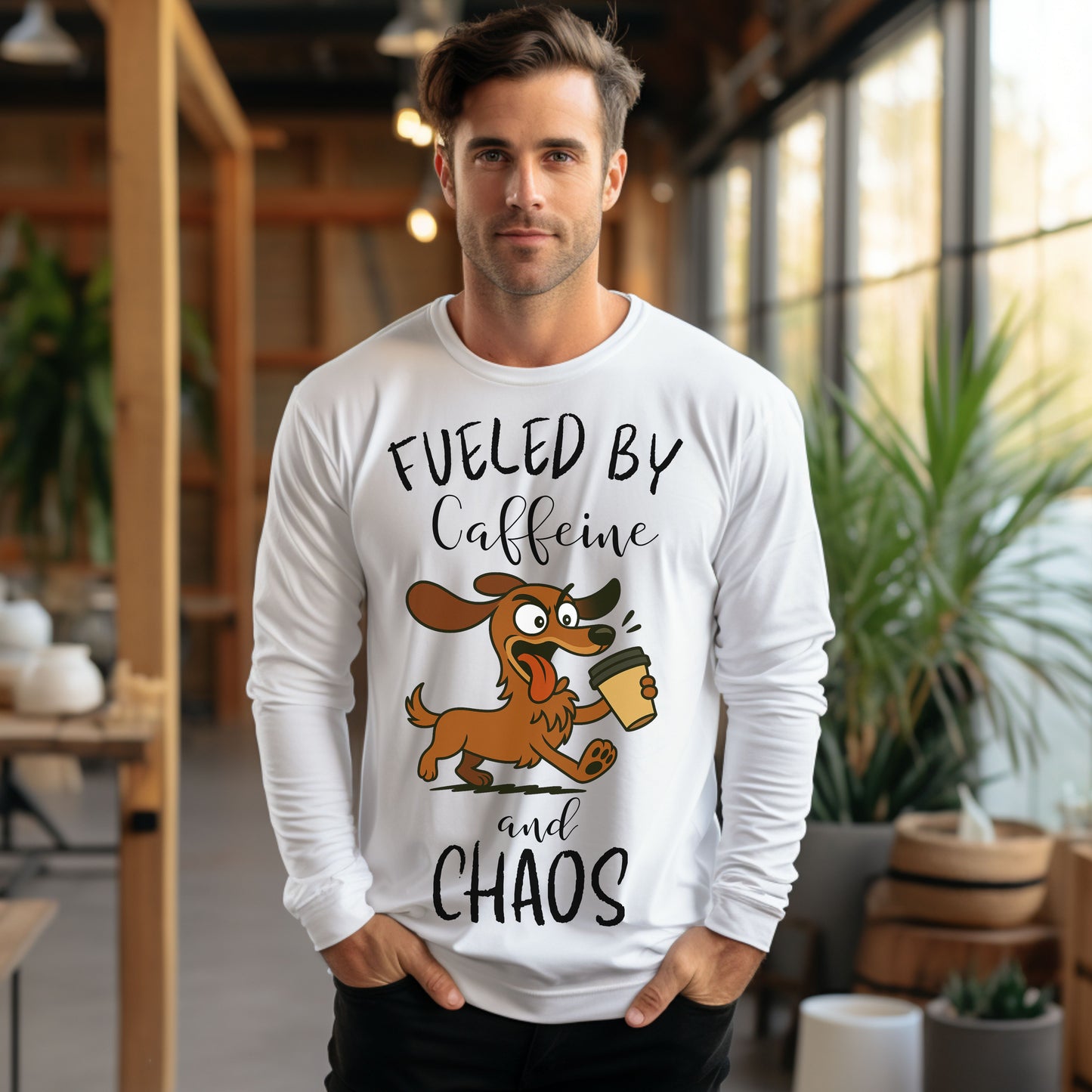 Fueled by Caffeine and Chaos Dachshund Long Sleeve T-Shirt – Funny Coffee Dog Tee for Pet Lovers