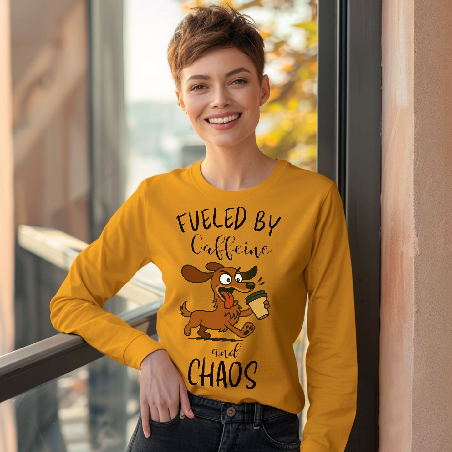 Fueled by Caffeine and Chaos Dachshund Long Sleeve T-Shirt – Funny Coffee Dog Tee for Pet Lovers
