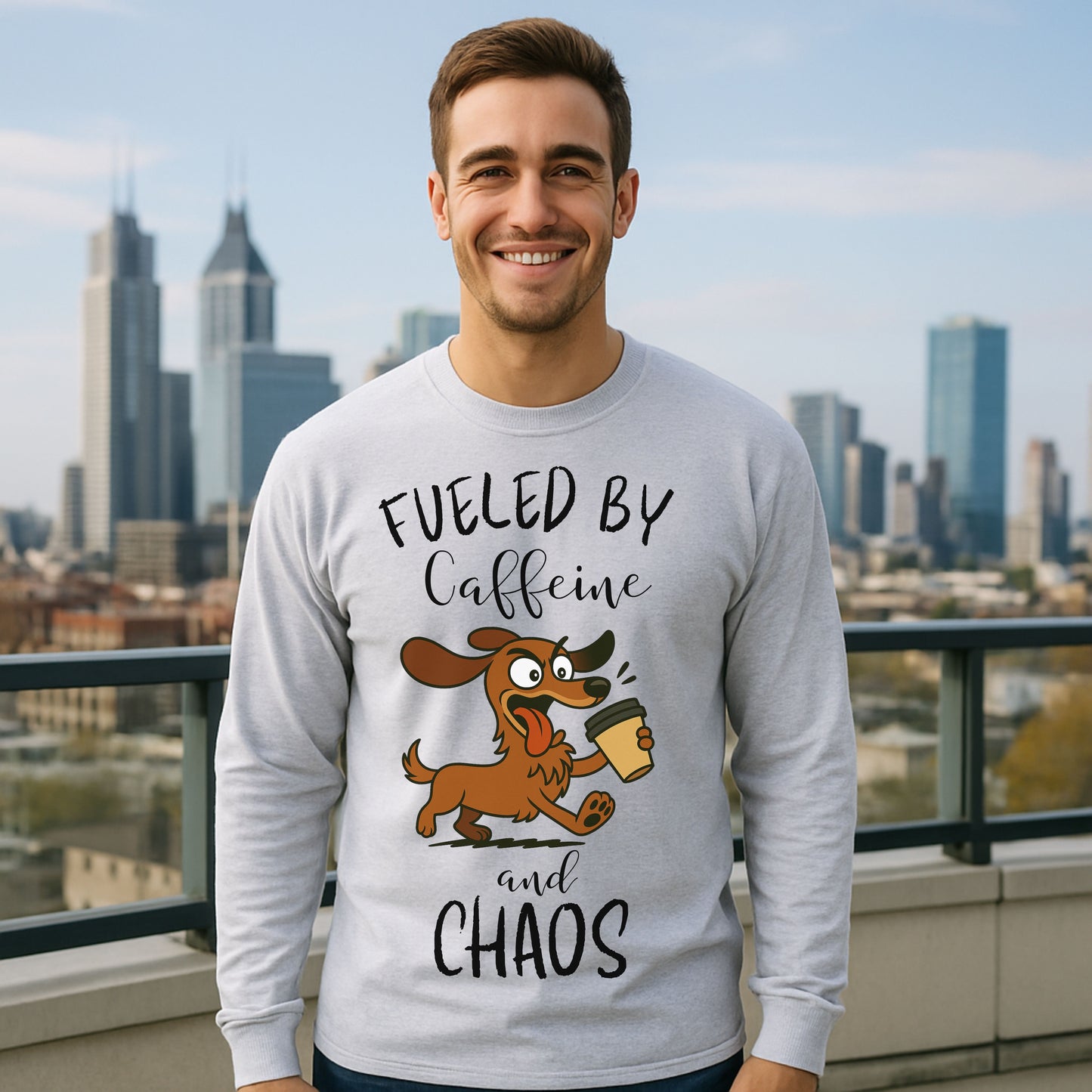Fueled by Caffeine and Chaos Dachshund Long Sleeve T-Shirt – Funny Coffee Dog Tee for Pet Lovers