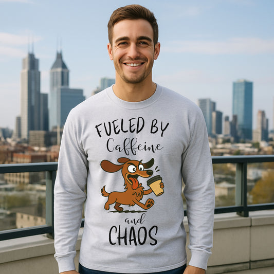 Fueled by Caffeine and Chaos Dachshund Long Sleeve T-Shirt – Funny Coffee Dog Tee for Pet Lovers