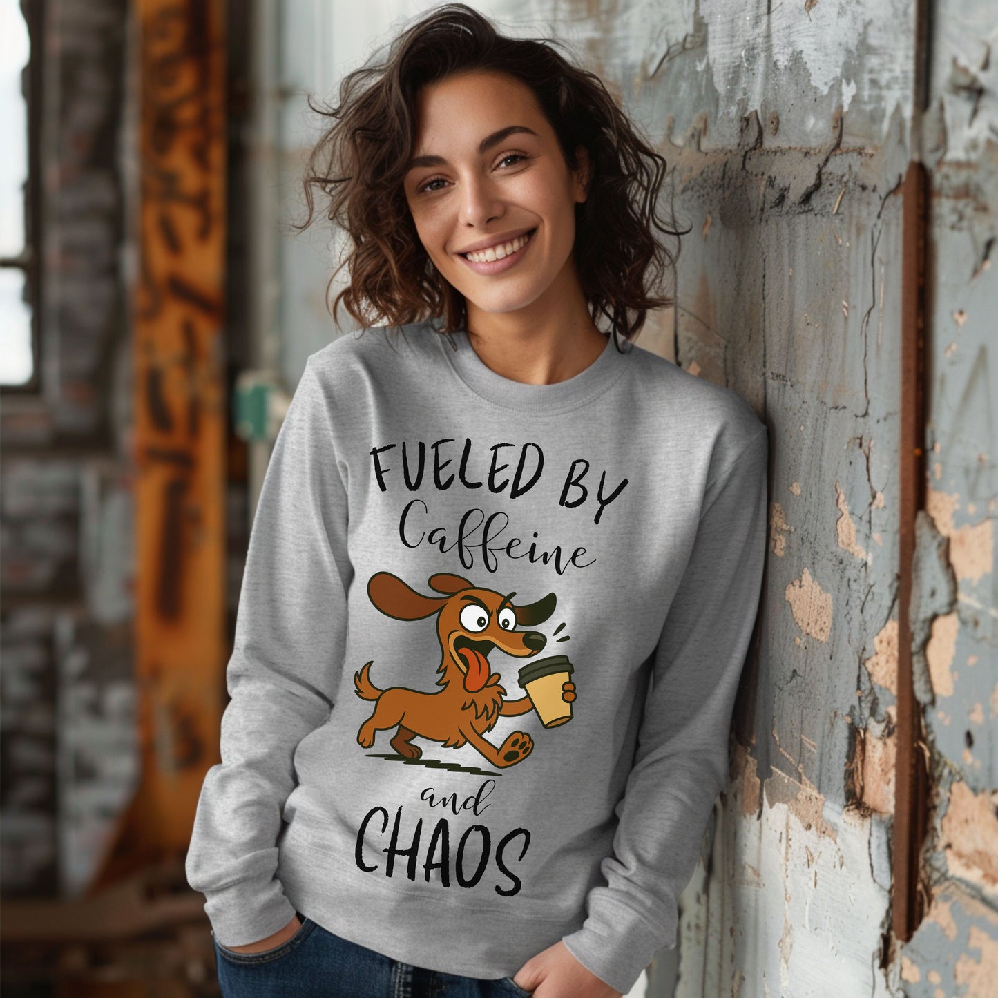 Fueled by Caffeine and Chaos Dachshund Long Sleeve T-Shirt – Funny Coffee Dog Tee for Pet Lovers
