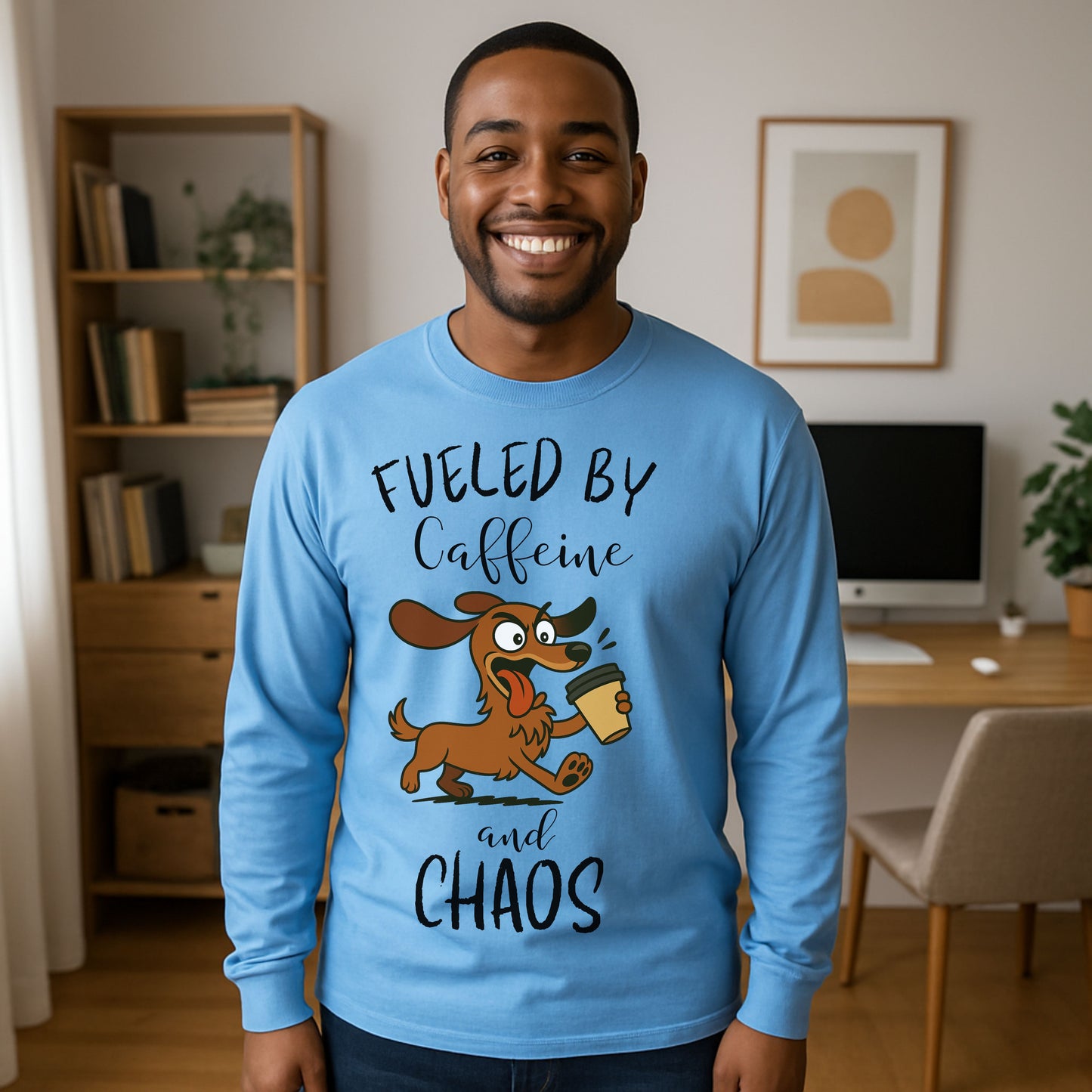 Fueled by Caffeine and Chaos Dachshund Long Sleeve T-Shirt – Funny Coffee Dog Tee for Pet Lovers